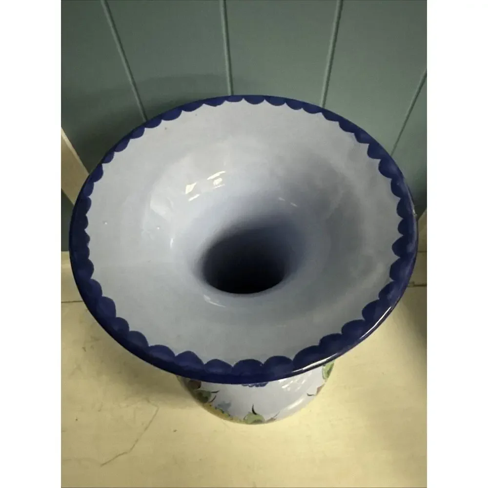 Vintage Alcobaca Portuguese Hand-painted Blue Floral Pottery Vase Large 16” Tall